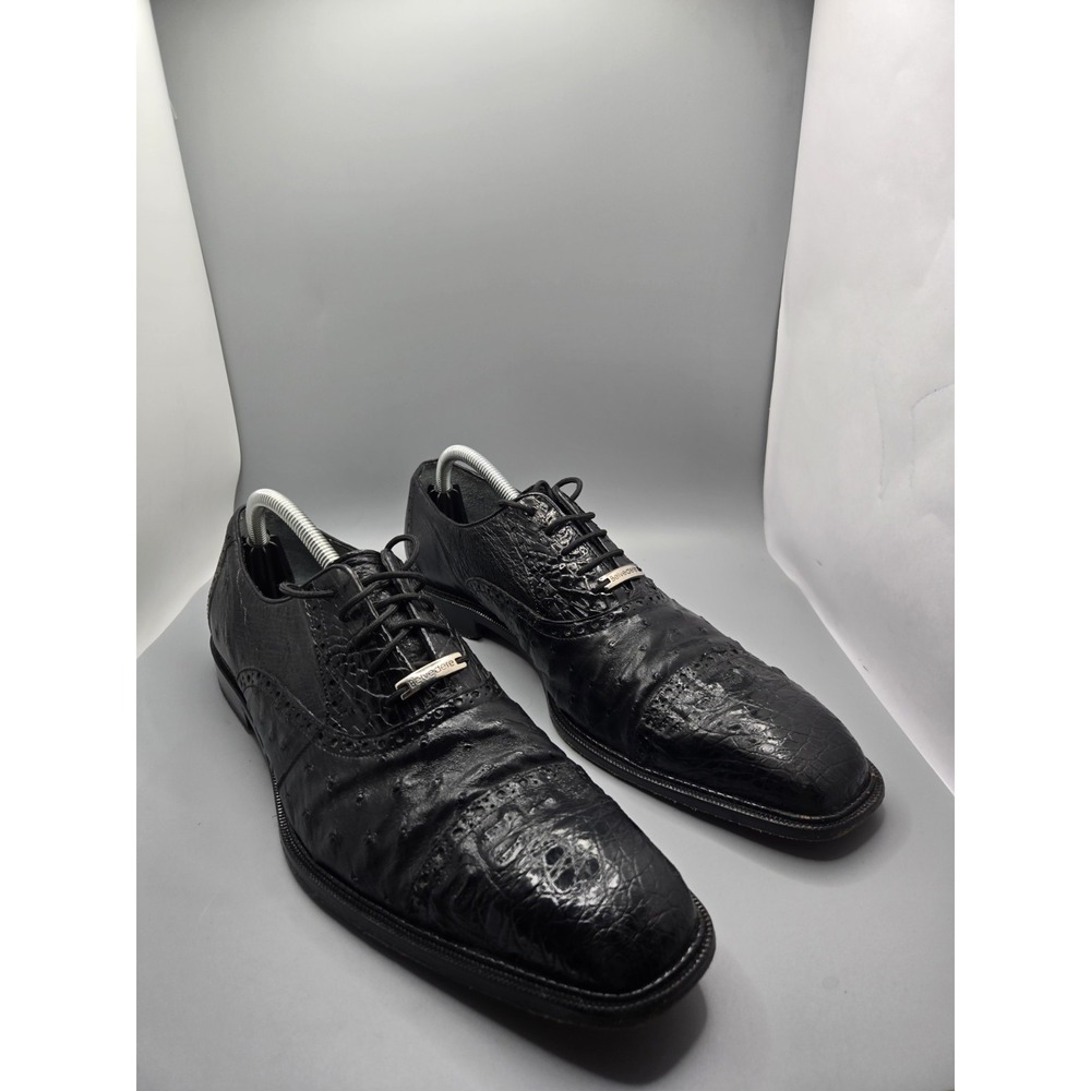 Belvedere Genuine Crocodile‎ & Ostrich Shoes Black Wingtip Oxford Men's Size 10